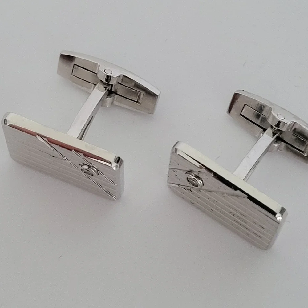 Vintage Sterling Silver Etched Rectangular Cufflinks with Clear‎ Stone Accents